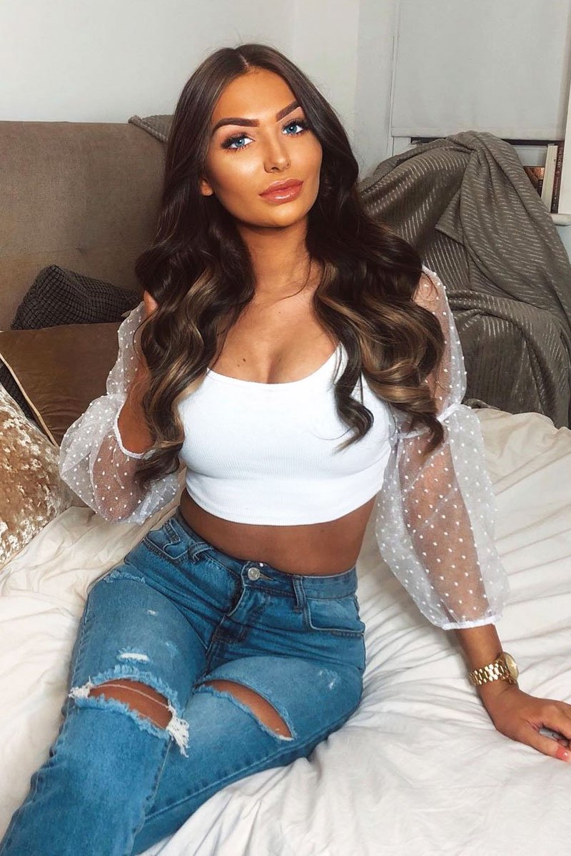 White Polka Dot Organza Sleeve Crop Top - Bianca-Crop Tops