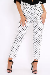 White Polka Dot Paper Bag Tie Waist Cigarette Trousers - Karmen-Trousers