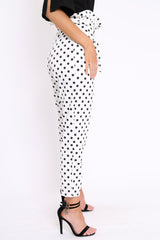 White Polka Dot Paper Bag Tie Waist Cigarette Trousers - Karmen-Trousers