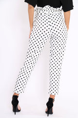 White Polka Dot Paper Bag Tie Waist Cigarette Trousers - Karmen-Trousers