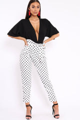 White Polka Dot Paper Bag Tie Waist Cigarette Trousers - Karmen-Trousers