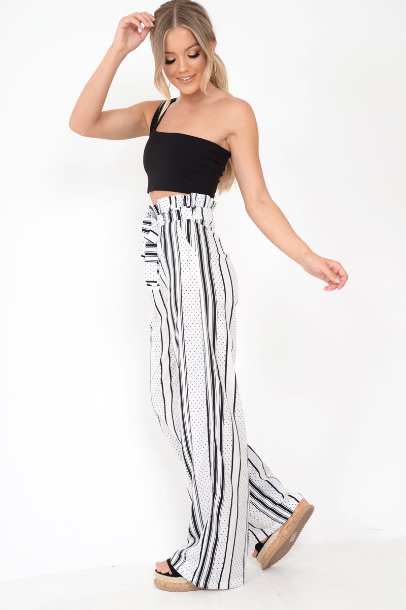 White Polka Dot Paper Bag Wide Leg Trousers - Aadhya-Trousers