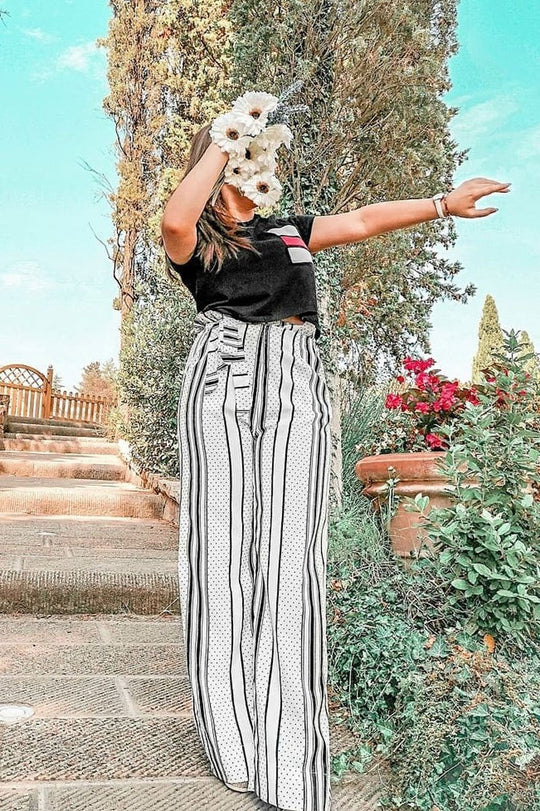 White Polka Dot Paper Bag Wide Leg Trousers - Aadhya