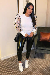 White Polka Dot Puff Sleeve Ribbed Top - Irisa-Tops