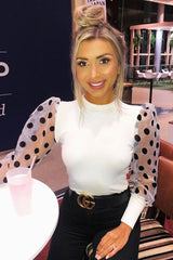 White Polka Dot Puff Sleeve Ribbed Top - Irisa-Tops