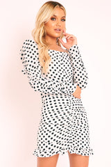 White Polka Dot Ruched Milkmaid Dress - Neave-Dresses