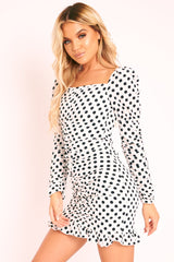 White Polka Dot Ruched Milkmaid Dress - Neave-Dresses