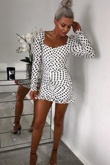 White Polka Dot Ruched Milkmaid Dress - Neave-Dresses