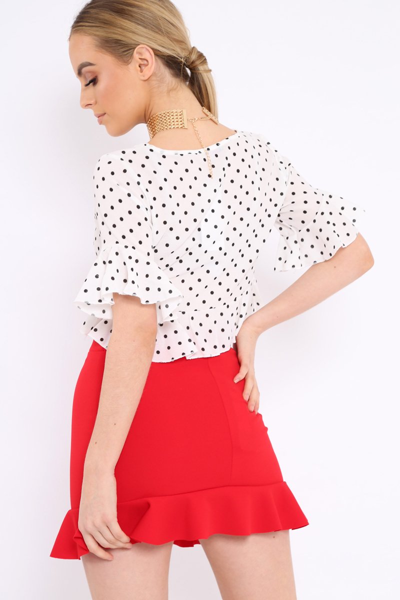White Polka Dot Ruffle Crop Top - Ivie-Crop Tops