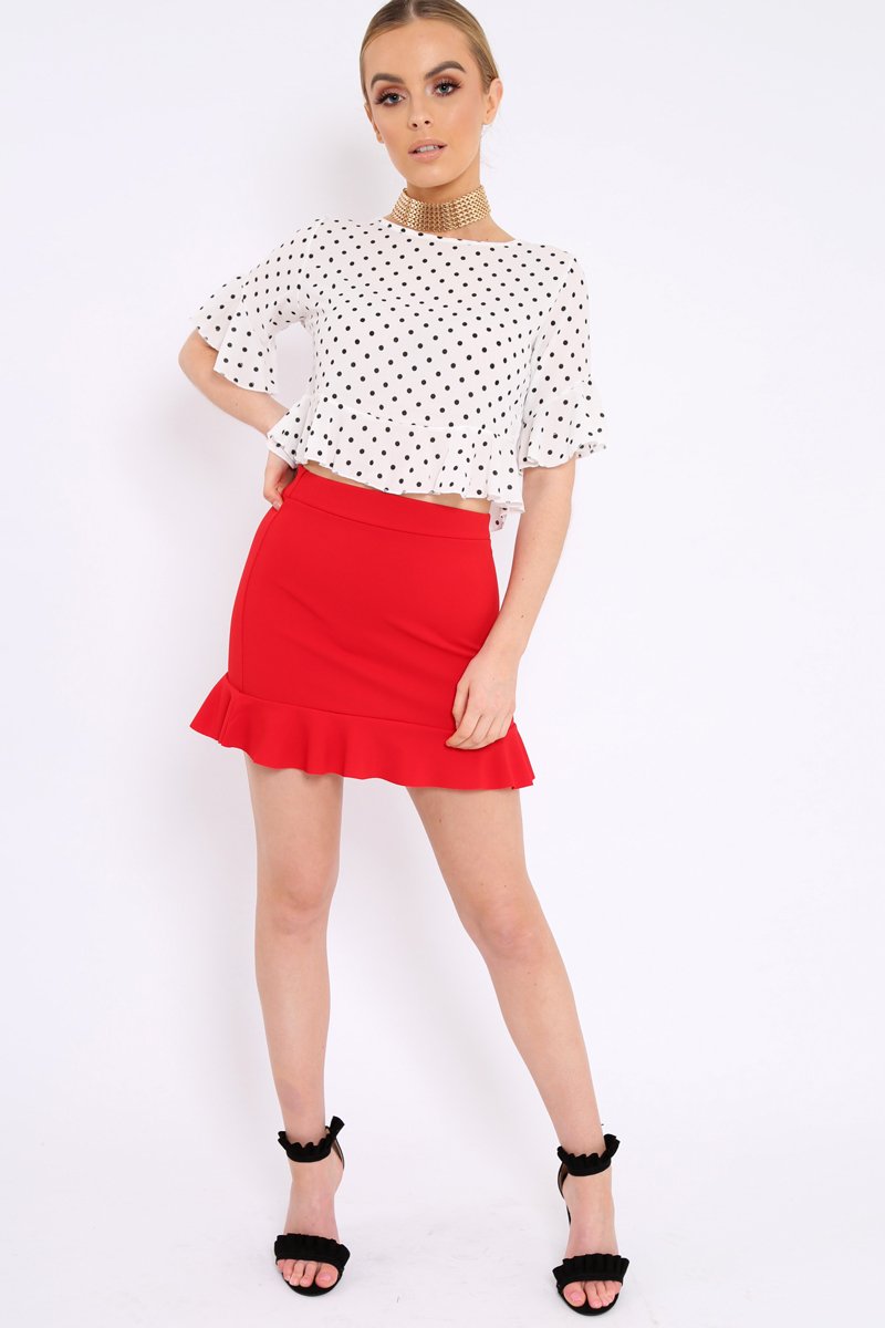 White Polka Dot Ruffle Crop Top - Ivie-Crop Tops