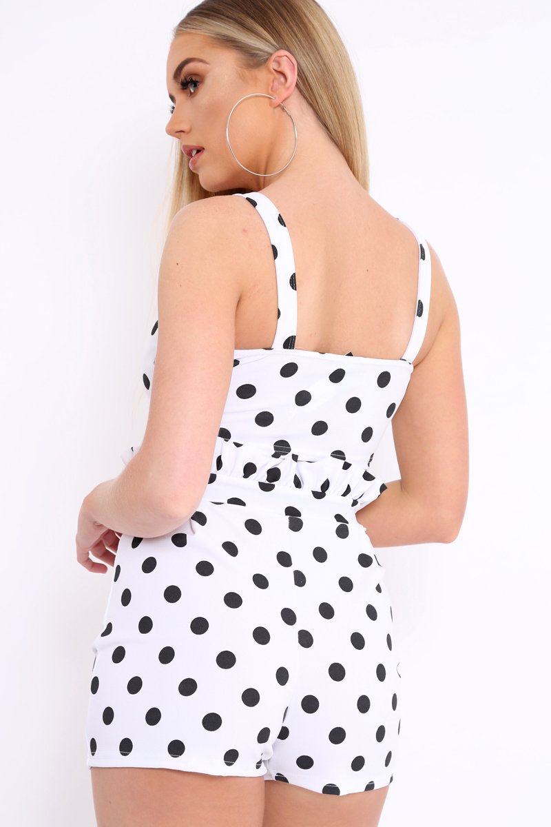 White Polka Dot Ruffle Trim Shorts And Bralet Co-Ord - Yara-Co-ords