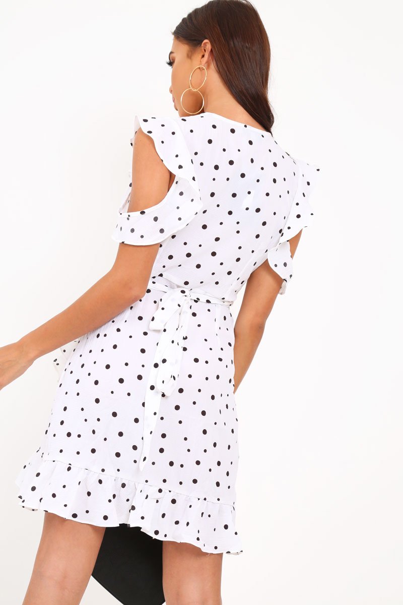 White Polka Dot Wrap Over Frill Dress - Wisdom-Dresses