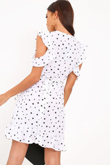 White Polka Dot Wrap Over Frill Dress - Wisdom-Dresses
