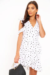White Polka Dot Wrap Over Frill Dress - Wisdom-Dresses