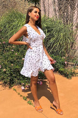 White Polka Dot Wrap Over Frill Dress - Wisdom-Dresses