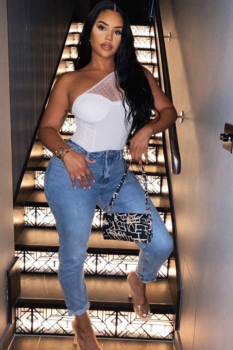 White Polka Mesh Corset One Shoulder Bodysuit - Carrie-Bodysuits