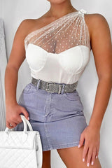 White Polka Mesh Corset One Shoulder Bodysuit - Carrie-Bodysuits