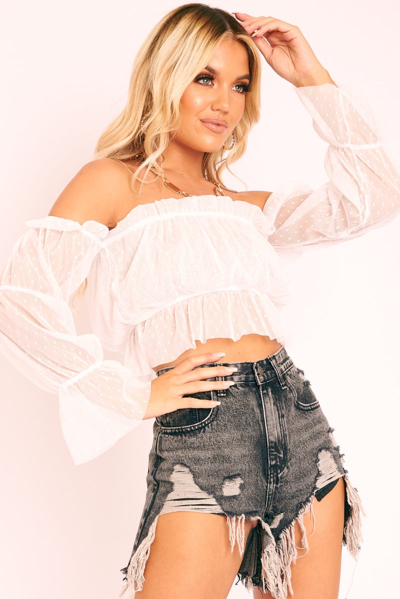 White Polka Mesh Ruffle Bardot Crop Top - Aagna-Crop Tops