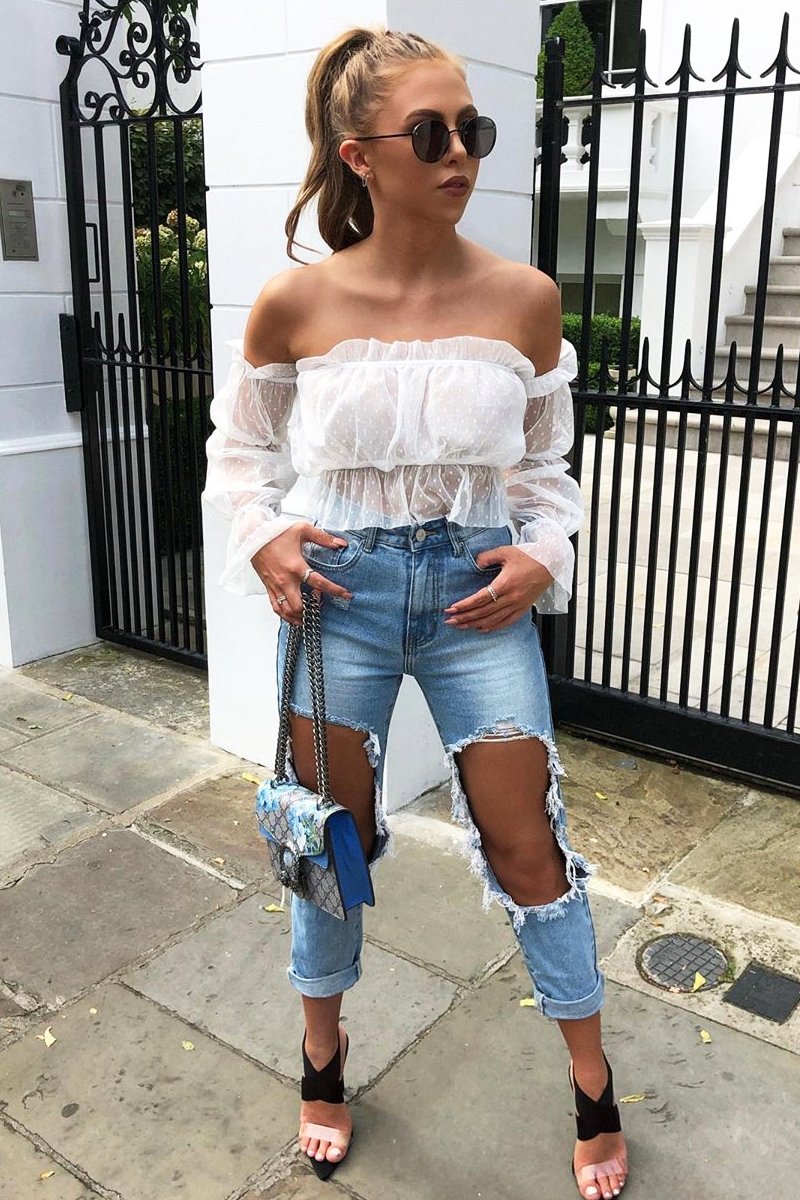 White Polka Mesh Ruffle Bardot Crop Top - Aagna-Crop Tops