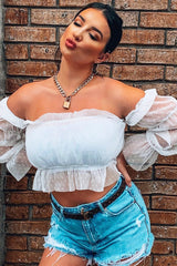 White Polka Mesh Ruffle Bardot Crop Top - Aagna-Crop Tops
