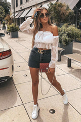 White Polka Mesh Ruffle Bardot Crop Top - Aagna-Crop Tops