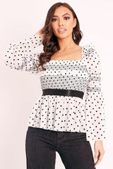 White Polka Mesh Shirred Fabric Top - Evarose-Tops