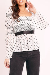 White Polka Mesh Shirred Fabric Top - Evarose-Tops