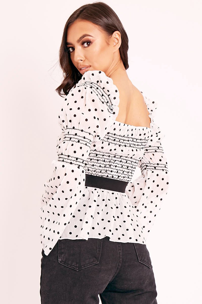 White Polka Mesh Shirred Fabric Top - Evarose-Tops