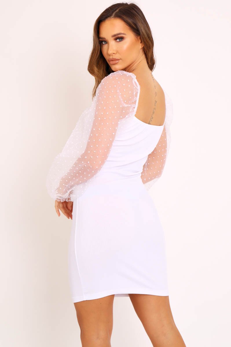 White Polka Mesh Sleeve Ribbed Dress - Elah-Dresses