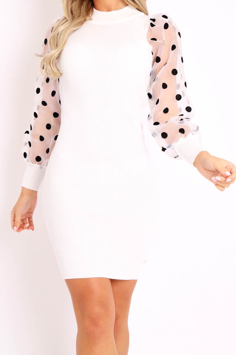 White Polka Puff Sleeve Knit Ribbed Mini Dress - Amai-Dresses