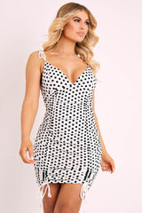 White Polka Ruched Tie Bodycon Dress - Breta-Dresses