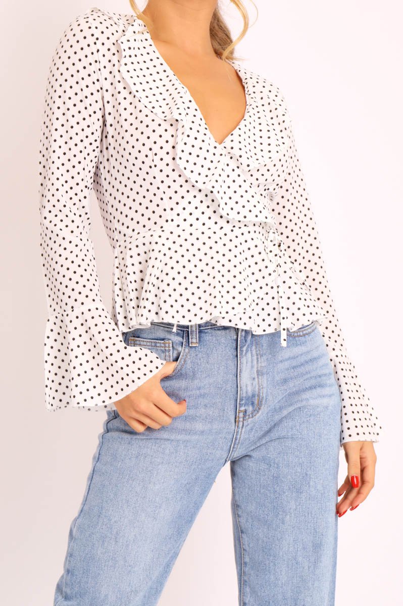 White Polka Ruffle Wrap Blouse - Calynn-Blouse