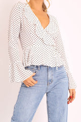 White Polka Ruffle Wrap Blouse - Calynn-Blouse