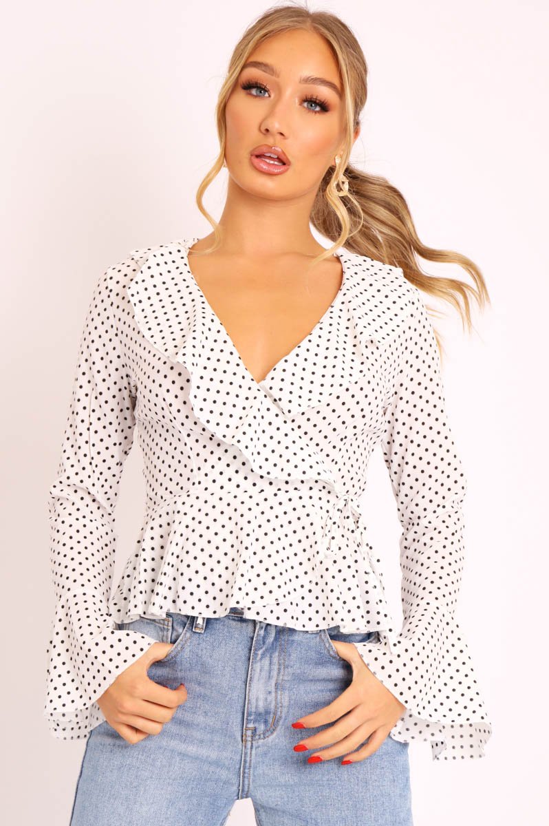 White Polka Ruffle Wrap Blouse - Calynn – Rebellious Fashion
