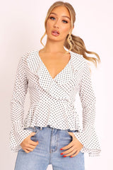 White Polka Ruffle Wrap Blouse - Calynn-Blouse