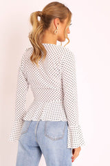 White Polka Ruffle Wrap Blouse - Calynn-Blouse