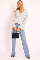 White Polka Ruffle Wrap Blouse - Calynn-Blouse