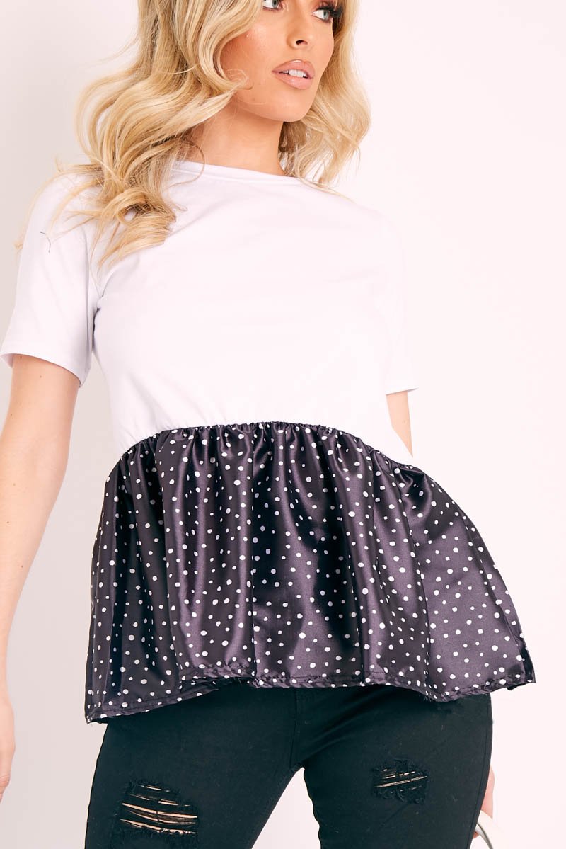 White Polka Satin Peplum Hem T-shirt - Zyria-T-shirt