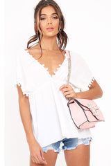 White Pom Pom Trim Plunge Top - Raaya-Tops