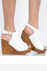 White Pu Wooden Wedge Sandels- Vera-Wedges