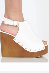 White Pu Wooden Wedge Sandels- Vera-Wedges