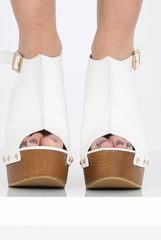 White Pu Wooden Wedge Sandels- Vera-Wedges