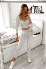 White Puff Sleeve Sweetheart Neckline Crop Top - Tomi-Crop Tops