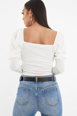 White Puff Sleeve Sweetheart Neckline Crop Top - Tomi-Crop Tops