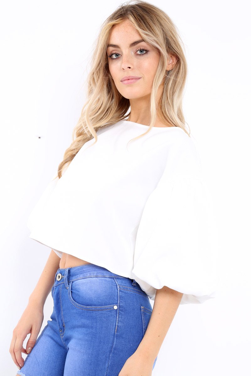 White Puffball Sleeve Top - Indiana-Tops