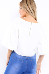 White Puffball Sleeve Top - Indiana-Tops
