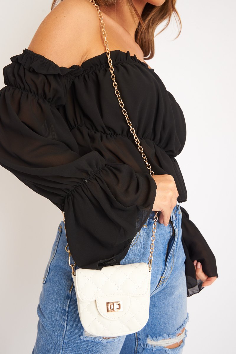 White Quilted Gold Chain Strap Mini Bag - Sari-Bags