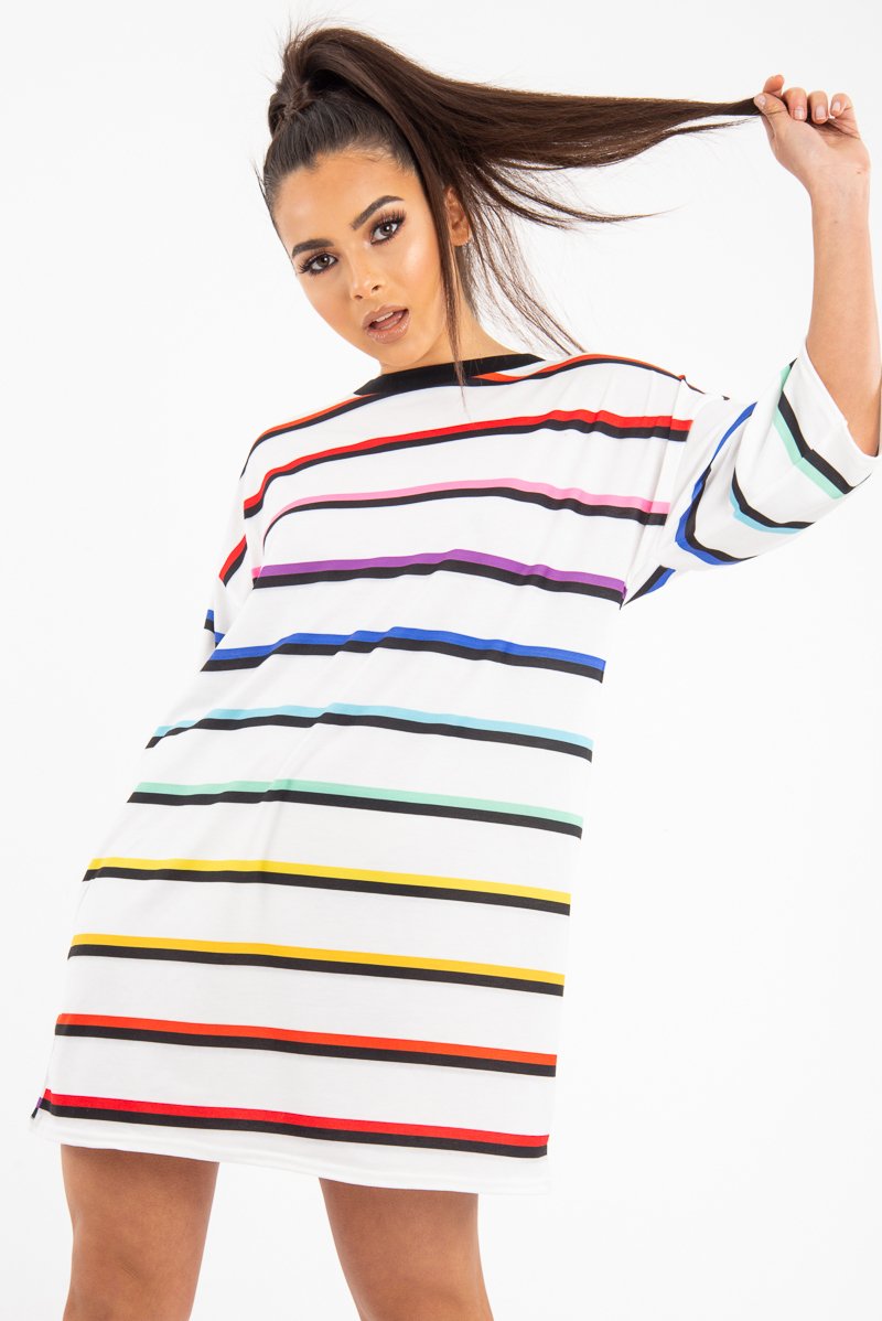 White Rainbow Stripe Oversized T-Shirt Dress - Avriella-Dresses