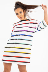 White Rainbow Stripe Oversized T-Shirt Dress - Avriella-Dresses