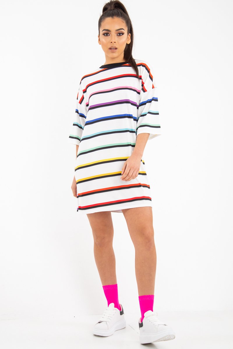 White Rainbow Stripe Oversized T-Shirt Dress - Avriella-Dresses